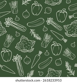 Seamless Hand-Drawn Vegetable Pattern – Organic Food Sketch on Green Background for Culinary and Eco-Friendly Designs