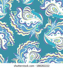 Seamless hand-drawn waves and flowers pattern. Abstract wavy background, nature theme. Vector illustration