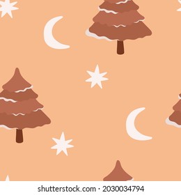 Seamless hand-drawn winter forest with crescent and stars pattern in Boho style. Kids vector abstract background for design and decoration textile, covers, package, wrapping paper.