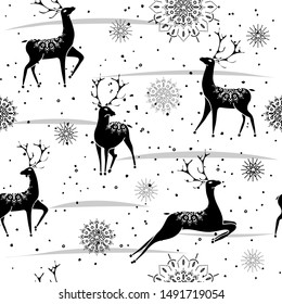 Seamless hand-drawn winter pattern with deer. Vector Hand drawn background 