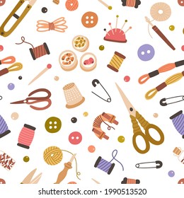 Seamless handicraft pattern with sewing, embroidery and knitting tools on white background. Endless repeatable texture with handwork items for printing. Colored flat vector illustration for wrapping