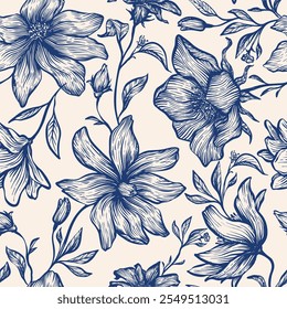 Padrão de linha de tinta vintage linear vetor floral feito à mão sem costura para design de tecido, decoração, cerâmica, cartões de saudação, flores, impressão de textura em um fundo bege