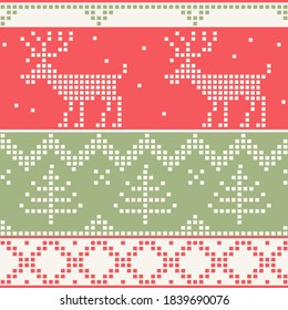  Seamless Handmade knitted background pattern with deers, trees, snowflakes, scandinavian ornaments. Vector illustration of wrapping paper for Christmas gift. Greeting Christmas card