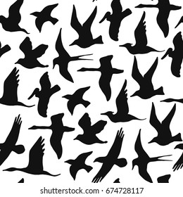 Seamless handmade pattern with birds silhouette drawn by ink. Vector ornithological illustration in monochrome with raven, seagull, heron, pelican& other. For prints, cards, textile & any your design