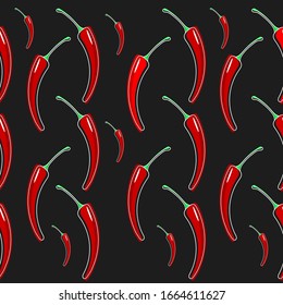 Seamless handmade pattern with hot chili peppers on a black background. Background for textile, banner, wrapping paper. Vector illustration