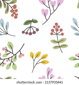 Seamless handmade pattern of twigs with leaves and berries. Vector pattern. Great print for clothes, covers, wrapping paper.