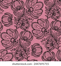 Seamless handmade pink and black floral background with  lace flowers.Vector lace branches with flowers