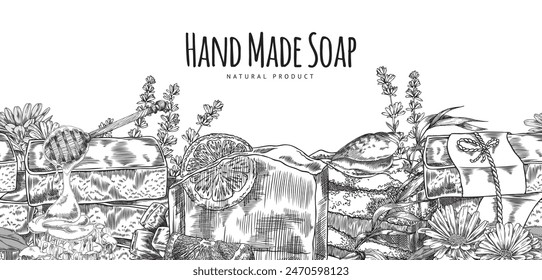 Seamless handmade soap illustration. Vector black and white banner with an image of soap with herbs, honey and citrus fruits. Ideal for cards, invitations and promotional posters with text space.