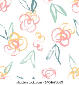 Seamless hand-painted abstract rose pattern with spring color palette. Artistic look with bold brushstrokes.