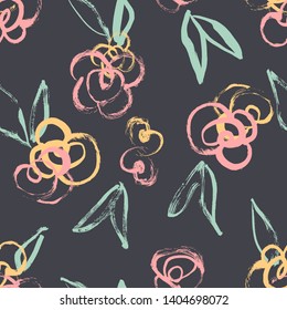 Seamless hand-painted abstract rose pattern with spring color palette. Artistic look with bold brushstrokes.