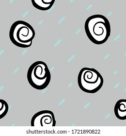 Seamless hand-painted Doodle vector drawing. Ovals look like snails and dashes. Stylish pastel colors and modern graphics. Suitable for Wallpaper, textiles, covers and other finishing materials.
