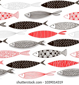 Seamless hand-painted fish pattern.Vector texture