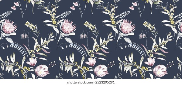 Seamless hand-painted rose and freesia motif