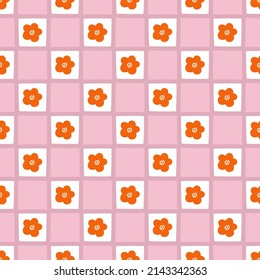 Seamless hand-painted square pattern in bright colors with small flowers in pink