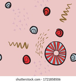 Seamless hand-painted vector drawing Doodle. Ovals, lines, strokes, and dots. Stylish pastel colors and modern graphics. Suitable for Wallpaper, textiles, covers and other finishing materials.