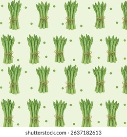 A seamless hand-painted watercolor pattern featuring fresh green asparagus bundles tied with rustic twine, complemented by scattered arugula leaves and small herb seed packets. 