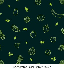 Verdura sin mango y fruta puesta sobre fondo verde oscuro para camisetas, papel pintado, etc.
