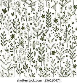 Seamless hands drawn spring pattern with grass and flowers. Vector illustration EPS10