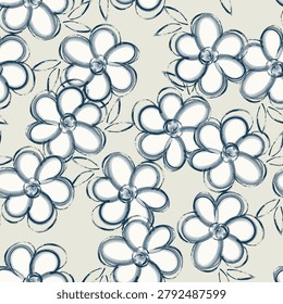 Seamless hand-sketched floral pattern featuring large white daisy-like blooms with blue watercolor outlines and delicate leaves on a soft ivory background