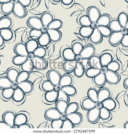 Seamless hand-sketched floral pattern featuring large white daisy-like blooms with blue watercolor outlines and delicate leaves on a soft ivory background