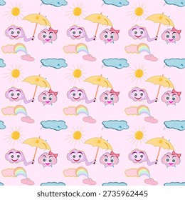 Seamless hand-stitched patchwork applique vector pattern: cheerful smiling pink cloud holding umbrella over sad crying rainy cloud with rainbow trail, kawaii weather friends on pink background.