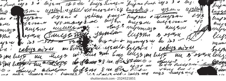 Vetor de texto de manuscrito contínuo textura carta vintage, papel poesia tinta fundo preto borrão nota. Grunge abstrato rabisco página retro cursivo poesia letras papel de parede. Documento de manuscrito sem falhas