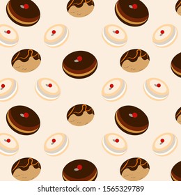 Seamless Hanukkah background. Doughnuts with different fillings