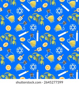 Padrão de Chanucá sem costura com ramos de azeitona, jarros de óleo, velas, dreidels e estrelas de Davi sobre fundo azul. Ótimo para papel de embrulho e design festivo.