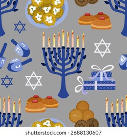 Seamless Hanukkah vector pattern with menorah, dreidel and festive sweets on silver background