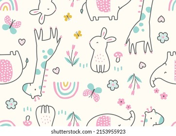 seamless happy animals with rainbow pattern vector illustration