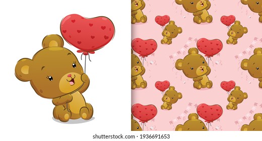 The seamless of happy bear is sitting while holding the love pink balloon of illustration