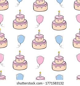 Seamless happy birthday cake and decoration background pattern in vector