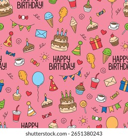Seamless Happy Birthday Greetings With Food Drinks And Party Materials Pink Background