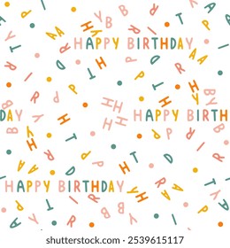 Seamless happy birthday pattern with colorful letters on white background, minimalistic wrapping paper design, simple cheerful gift wrap print, festive text pattern for celebrations party, decor vecto