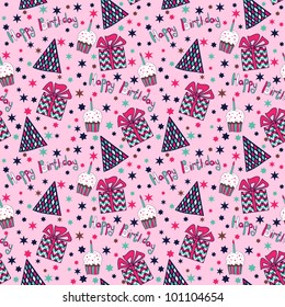 Seamless happy birthday pattern. Texture with birthday attributes: cakes, hats, gifts.
