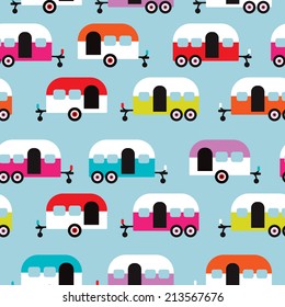 Seamless happy camper caravan retro illustration background pattern in vector