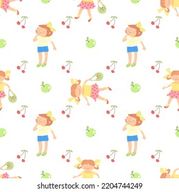 Seamless happy cartoon kids pattern with running and smiling little kindergarten girs vector pattern with green apples on white background. For bed linen and wrapping or holiday gift paper.