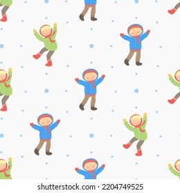Seamless happy cartoon kids pattern with winter dressed happy little kindergarten kids vector pattern on white background. For bed linen and wrapping or holiday gift paper. 