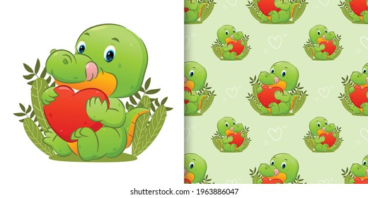 The seamless of the happy crocodile is sitting and holding the cute heart of illustration