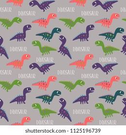 Seamless happy dinosaur. Fun character wild hand drawn fantasy pattern design.