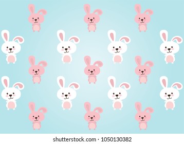 Seamless Happy Easter Bunny on blue background. Vector illustration for Easter greeting card, invitation with white and pink rabbit on  blue background.