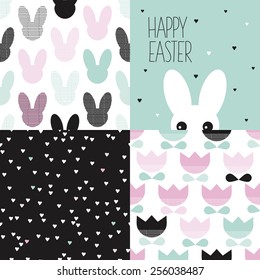Seamless happy easter holiday bunny hearts and tulips background pattern set and postcard cover design white rabbit illustration 