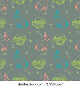 Seamless "Happy Easter" pattern with bunnies and herbs. Ink drawn illustration In vintage style on gray.