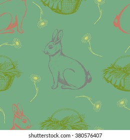 Seamless "Happy Easter" pattern with bunnies and herbs. Ink drawn illustration In vintage style on withe.