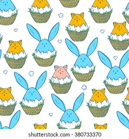 Seamless "Happy Easter" pattern with bunnies and cats in baskets. Ink drawn illustration  on white.