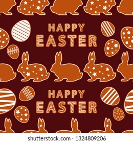 Seamless Happy Easter vector pattern. Figures from gingerbread on a brown background. Festive spring. Can be used for wallpaper, textile, invitation card, wrapping, web page background.