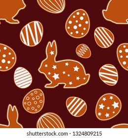 Seamless Happy Easter vector pattern. Figures from gingerbread on a brown background. Festive spring. Can be used for wallpaper, textile, invitation card, wrapping, web page background.