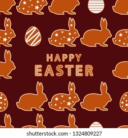 Seamless Happy Easter vector pattern. Figures from gingerbread on a brown background. Festive spring. Can be used for wallpaper, textile, invitation card, wrapping, web page background.