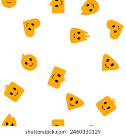 Seamless happy emoji pattern in cartoon style on colorful background.