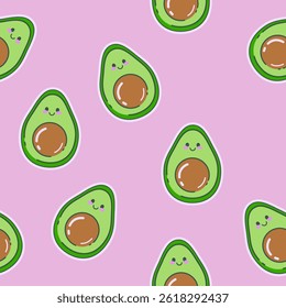 Seamless happy friendly avocado fruit pattern with flowers. Design for kitchen textile, children's funny vector illustration.